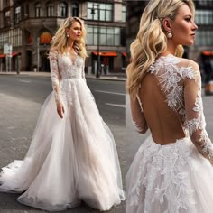 a woman wearing a wedding dress with long sleeves and open back, standing on the street