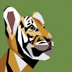 an animal made out of geometric shapes on a green background with the image of a tiger's head