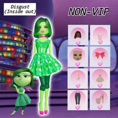 the doll is standing in front of several different outfits and hair styles for her dolls