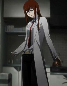 an anime character with long red hair wearing a white coat and tie, standing in front of a wall