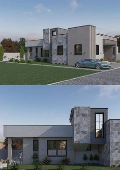 two pictures of the same house with cars parked in front