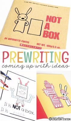 an image of children's book about prewrittening and writing with pictures on it