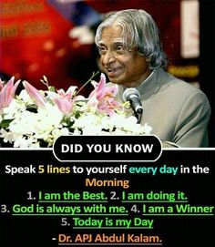 an old man giving a speech with flowers in front of him and the words did you know? speak 5 lines to yourself every day in the morning