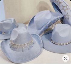 Colorful Cowboy Hat, Denim Cowgirl Hat, Disco Cowgirl Party Blue, Costal Cowboy Bachelorette, Denim And Rhinestones Bachelorette, Blue Cowgirl Bachelorette Party, Bachelorette Cowgirl Hat, Blue Cowgirl Party, Coastal Cowboy Bachelorette