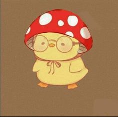 a cartoon character with glasses and a mushroom on his head, standing in front of a brown background