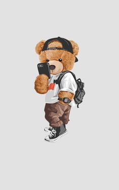 a brown teddy bear wearing a backpack and holding a cell phone in his hand while standing on one leg