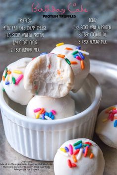 birthday cake truffles in a white bowl with sprinkles on top