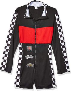 a black and red jacket with checkers on the front, zippered at the back