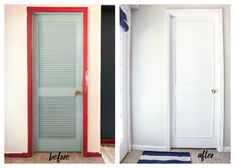 before and after photos of a door painted white with red trim, the bottom panel is painted blue