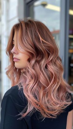 Rose Gold Hair Natural, Rose Gold On Red Hair, Red And Rose Gold Hair, Strawberry Blonde And Pink Hair, Rose Gold Brunette Hair, Cool Toned Pink Hair, Rose Gold Highlights Brunette, Rose Colored Hair, Rose Gold Brunette