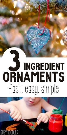 an ornament hanging from a christmas tree with the words 3 ingredient ornaments fast, easy