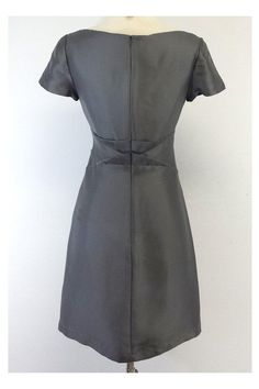 Size 2 Grey Pleated Dress 100% silk V-Neck Short sleeves Zip & hook in back Shoulder to hem 34.5" Fitted V-neck Midi Dress With Pleated Back, Knee-length Lined Satin Dress, Lined Satin Knee-length Dresses, Fitted Satin Dress With Back Zipper, Formal Knee-length Mini Dress With Pleated Back, Knee-length Silk Dress With Fitted Bodice, Silk Knee-length Dress With Fitted Bodice, Sheath Midi Dress With Pleated Back, Fitted Sheath Midi Dress With Pleated Back