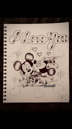 a drawing of mickey and minnie mouse with the words i love you