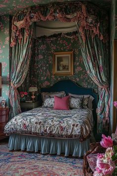 a bedroom with floral wallpaper and canopy bed