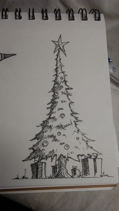 a drawing of a christmas tree with presents under it