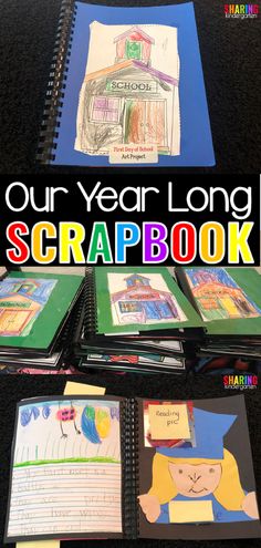 the year long scrapbook is open and ready to be filled with children's drawings