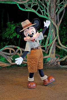 the mickey mouse is dressed up in his safari outfit and hat for an outdoor performance