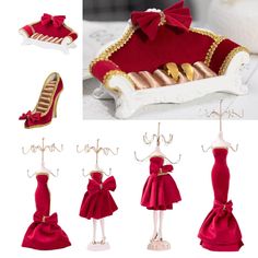 the doll is dressed in red and has gold accents on her shoes, which are attached to a hanger