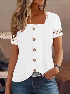 Product Title :Square Neck Casual Lace Plain Shirt Product Measurements cm Size US Waist Bust Hip S 6-8 70-74 88-92 96-100 M 10 75-78 93-96 101-104 L 12 79-84 97-102 105-110 XL 14 85-90 103-108 111-116 XXL 16 91-96 109-114 117-122 Product Details Decoration/Process:Buckle,Lace Clothes Length:Regular Sleeve Length:Short sleeve Edition type:Loose Elasticity:Micro-Elasticity Silhouette:H-Line Thickness:Regular Size Type:Regular Size Neckline:Square neck Activity:Daily Material:Jers... White T-shirt With Button Closure For Spring, White Crew Neck Shirt With Buttons, White Short Sleeve Tops With Buttons, White Short Sleeve T-shirt With Buttons, White Crew Neck Top With Buttons, White Fitted T-shirt With Button Closure, White Crew Neck T-shirt With Buttons, Lace Clothes, Special Clothes