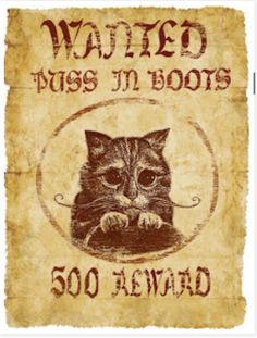 an old wanted poster with a cat wearing a cowboy hat and the words wanted was in boots