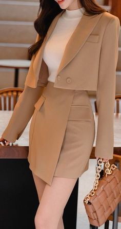 [CommissionsEarned] Business Professional Beige Outfit For Women And Elegant Ladies. Classy Workwear Style. With Unique Short Blazer And Skirt. Buy It Online. #formalblazersforwomenofficeoutfits Office Wear Outfit, Blazer Outfits For Women, Coat Outfit, Stylish Work Outfits