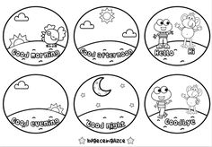 four round stickers with cartoon characters and words on them, including the word good morning