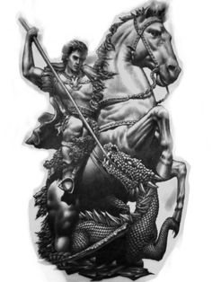 a black and white drawing of a man on a horse with a spear in his hand