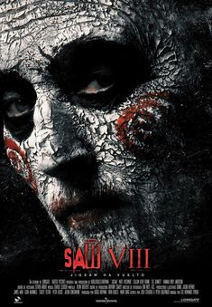 the poster for saw viii, which features a man with white makeup and blood on his face