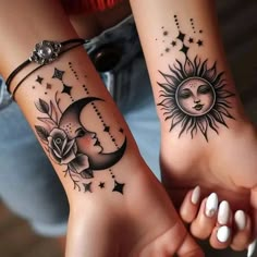 Sun Moon Tattoo Matching, Sun And Moon Matching, Sun And Moon Tattoo, Mama Tattoo, Cool Wrist Tattoos, Cute Hand Tattoos, Anklet Tattoos, Moon Tattoos, Tattoos For Women Flowers