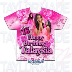 a birthday t - shirt with the name happy birthday talyasia on it and an image of two women in pink