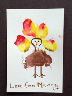 a card with a turkey on it that says, love from maizey and is made out of watercolor paper