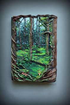 a painting on the wall of a forest with trees and mossy ground in it