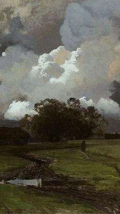 a painting of clouds over a field with a man standing on the grass near a stream