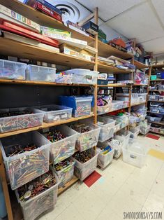 the shelves are filled with many different types of screws and other items in bins