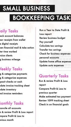 the small business bookeeing tasks list is shown in pink and black, with text on