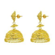 22K Yellow Gold Jhumki Earrings W/ Textured Design & Round Petaled Pendant for women. Add a needed touch of gold to your attire with these lovely earrings, intricately designed with small solid gold balls and a pendant outlined with petal-like details. Each earring is 50 mm long, 27 mm wide and weigh a total of 33.5 grams. Gold Jhumkas For Ceremonial Festive Occasions, Traditional Yellow Gold Jhumkas For Wedding, 22k Gold Jhumkas For Ceremonial Navratri, Gold Jhumkas With Tilla For Ceremonial Occasion, Yellow Gold Meenakari Jhumkas For Diwali, Ceremonial Gold Jhumkas With Tilla Detail, Yellow Gold Bollywood Jhumkas With Intricate Design, Gold Bollywood Jhumkas For Ceremonial Occasions, Bollywood Style Yellow Gold Jhumkas With Intricate Design