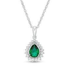 Perfect your evening attire with this tasteful fashion pendant. Fashioned in sterling silver, this regal look showcases a 7.0 x 5.0mm pear-shaped lab-created verdant-green emerald wrapped in a shimmering lab-created white sapphire-touched shadow-style frame. Buffed to a brilliant luster, this pendant suspends along an 18.0-inch rope chain that secures with a spring-ring clasp. Formal Teardrop Necklace With May Birthstone, Formal Pear Shaped Necklace With May Birthstone, Formal Pear-shaped May Birthstone Necklace, Formal Teardrop Necklace For May Birthstone, Formal Pear Shaped Necklace For May Birthstone, Formal Pear-shaped Sterling Silver Necklace, Elegant Pear-shaped May Birthstone Necklace, Formal Teardrop Pendant Necklace With May Birthstone, Teardrop Pendant Necklace For Formal Occasions With May Birthstone