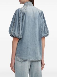 ZIMMERMANN Lantern puff-sleeve Denim Shirt - Farfetch Bow Collar, Yoko London, City Dress, Iconic Bags, Dolce E Gabbana, Summer Beach Wear, Ballet Flat Shoes, Ski Wear, Indigo Blue