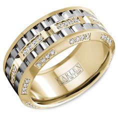 a wedding band with two rows of diamonds in yellow and white gold, set on top of