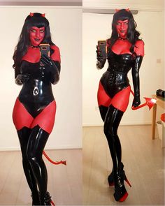 two photos of a woman dressed in latex