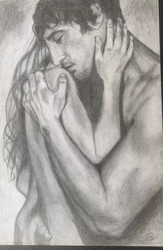 a drawing of a shirtless man holding his hands to his chest