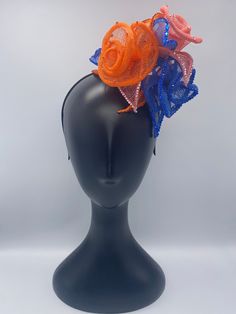 Fabulous sinamay Burnt orange base, coral, royal blue, orange carnival Fascinator with diamantés very sparkly Bespoke Headpieces for all your occasions, made to order, please email me at... enquiries@fascinators-by-d.com for further info...  Material colour swatches can be sent 1st class Royal Mail prior to ordering any design displayed (free of charge) Please request if this is something you feel the need to require before purchase. We cannot guarantee that the display design will still be avai Multicolor Hair Accessories For Carnival Party, Multicolor Headband Fascinator For Party, Orange Mini Hats For Summer Parties, Orange Headpieces For Party At Royal Ascot, Adjustable Orange Fascinator For Evening, Orange Mini Hats For Kentucky Derby Evening, Orange Headband Fascinator For Parties, Orange Mini Hat For Kentucky Derby Party, Adjustable Orange Mini Hats For Party