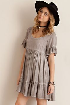 - Mocha acid wash short sleeve baby doll dress with arm and bottom hem ruffle - Featuring back tie with key hole opening and it is full lined - Non sheer, woven and light weight rayon material - Oh so Plunge Dress, Babydoll Dress, A Dress, Baby Doll, Doll Dress, Pretty Dresses, Cute Dresses, Dress To Impress