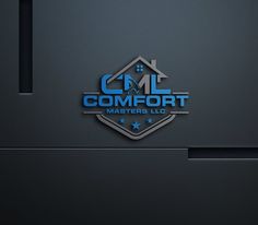 the logo for comfort masters, inc is shown in blue and gray on a black background