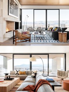 two pictures of the same living room with couches and coffee table in front of large windows