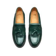 Green Hi-Shine Tassel Fringe Loafer made of leather using Goodyear welted construction with a signature soft suspension sole. Handmade in Wollaston, Northamptonshire, England. Green Loafers, Monkey Boots, Dr Shoes, Brogue Boots, Vegan Boots, Shoe Last, Brogue Shoes, Tassel Loafers, Vegan Shoes