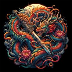 Dragon Samurai Art, Japanese Dragon Art Wallpaper, Asian Dragon Wallpaper, Asian Dragons Fantasy Art, Circle Dragon, Dragon Video, Neon Dragon Wallpaper, Dragon Coloring