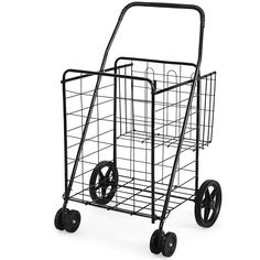 a black shopping cart with wheels on the side and an empty basket in the front