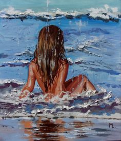 a painting of a woman sitting in the water with her back turned to the camera