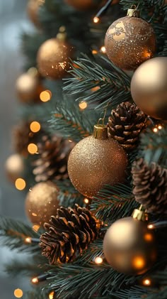 a christmas tree with gold ornaments and pine cones on the branches, lit by lights